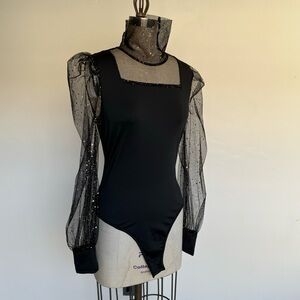 Black/Gold Sheer Turtleneck Leotard